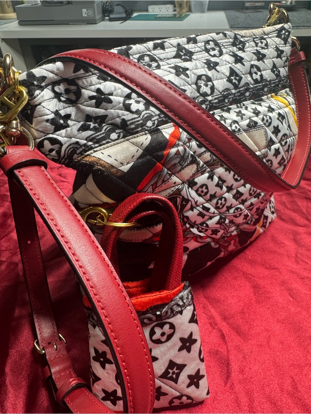 Red and Black Quilted Shoulder Bag with Patterned Print
